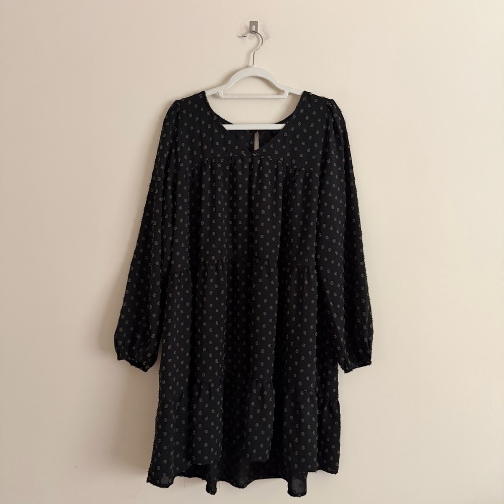 ODDI Black Long Sleeve Tiered Dress Women’s L Textured Dot Boho Midi - Picture 2 of 9